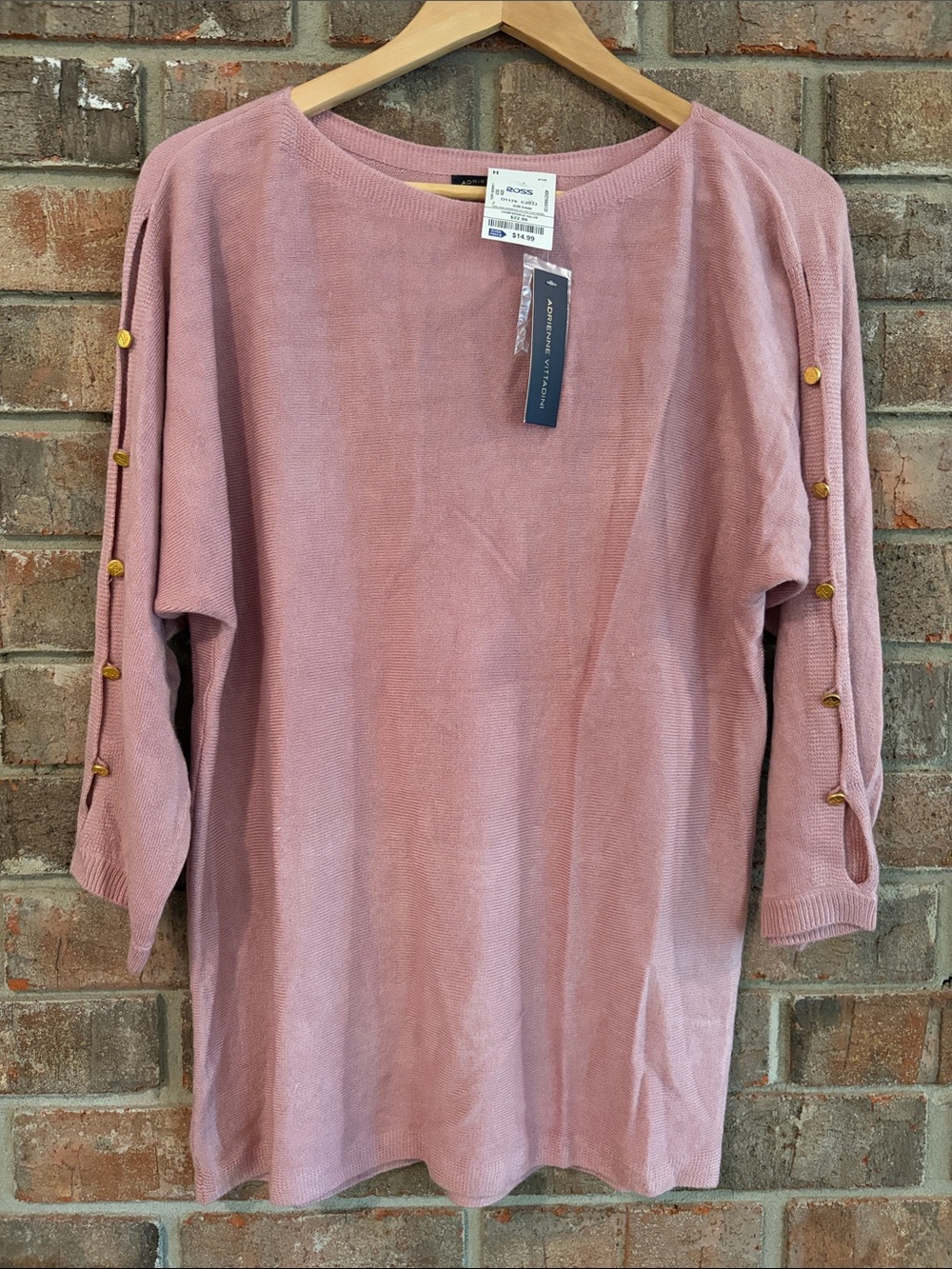 Adrienne Vittadini Pink Scoop Neck Button-Trim Sweater